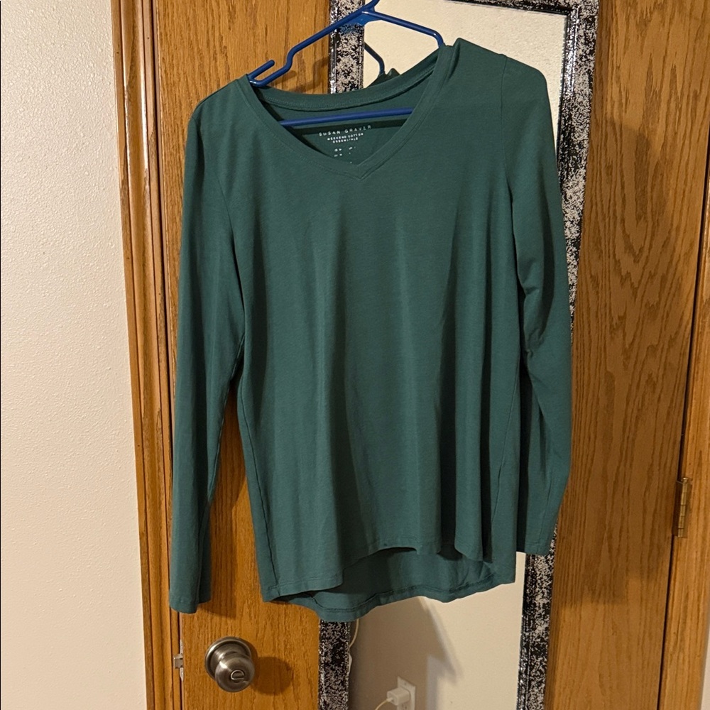Susan Graver Dk Green V-Neck Long Sleeve Blouse